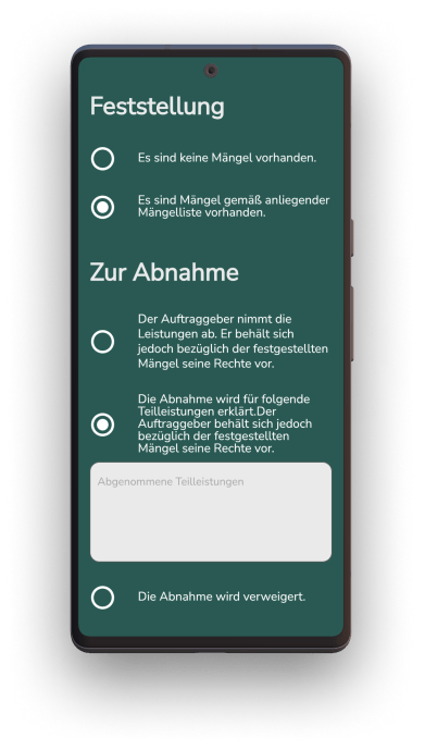 Smartphone-Mockup für die Bauabnahme App für korrekte Erfassung von Kontakten, Daten, Fristen, Mängel, Teilleistungen und mehr.