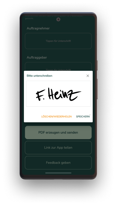 Smartphone-Mockup für die Bauabnahme App für die Nutzung von digitalen Unterschriften und sicheren PDF Export.